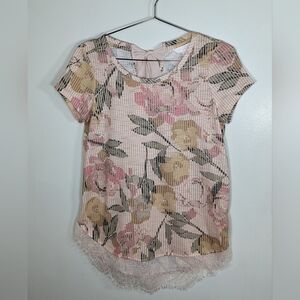 Lauren Conrad Cream Short Sleeve Blouse with Floral Print Women's size xs